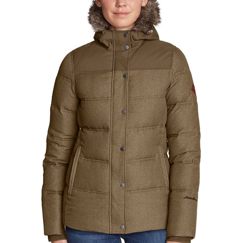 EDDIE BAUER Noble Down Brown Herringbone Twill 650 Fill Down Parka Jacket medium